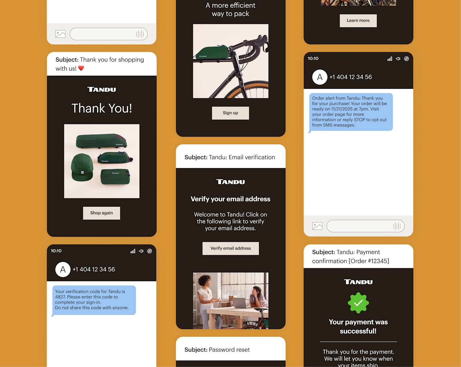 Collection of mobile app screens showing Tandu's e-commerce flow with order confirmation, email verification, and payment success messages