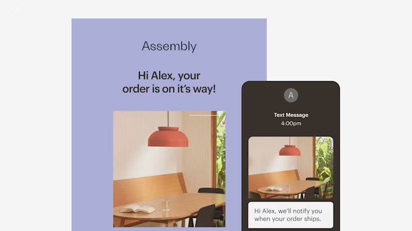A modern dining room with wooden tables, black chairs, and coral pendant lamps. A window with greenery is visible in the background.