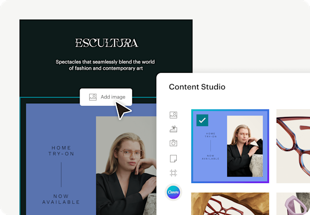 Image of an abstract email interface from the fictitious brand Escultura, where the graphic is being actively imported from Canva. The visual suggests how users can save time and access Canva brand designs, right inside Mailchimp.