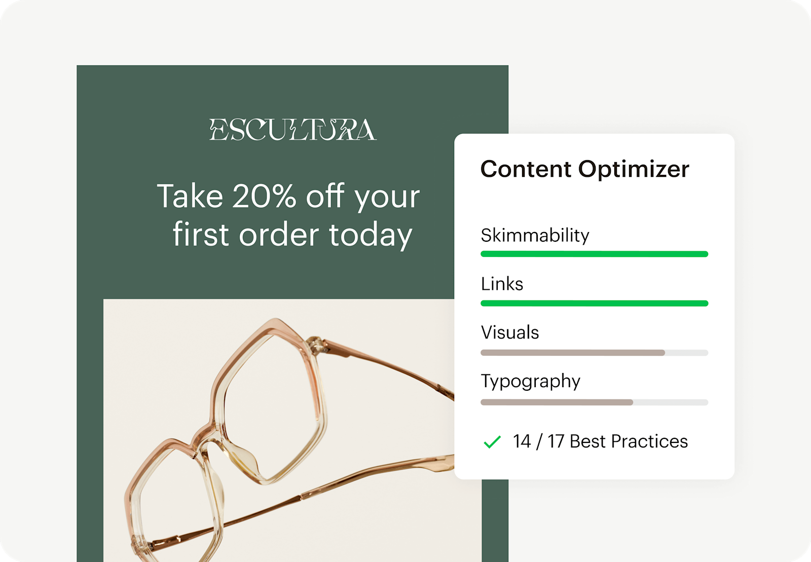 Image showing an abstract discount email interface from the fictitious brand Escultura, alongside floating Abstract User Interface of Mailchimp's Content Optimizer. The visual demonstrates how users can boost engagement with data-drive recommendations.