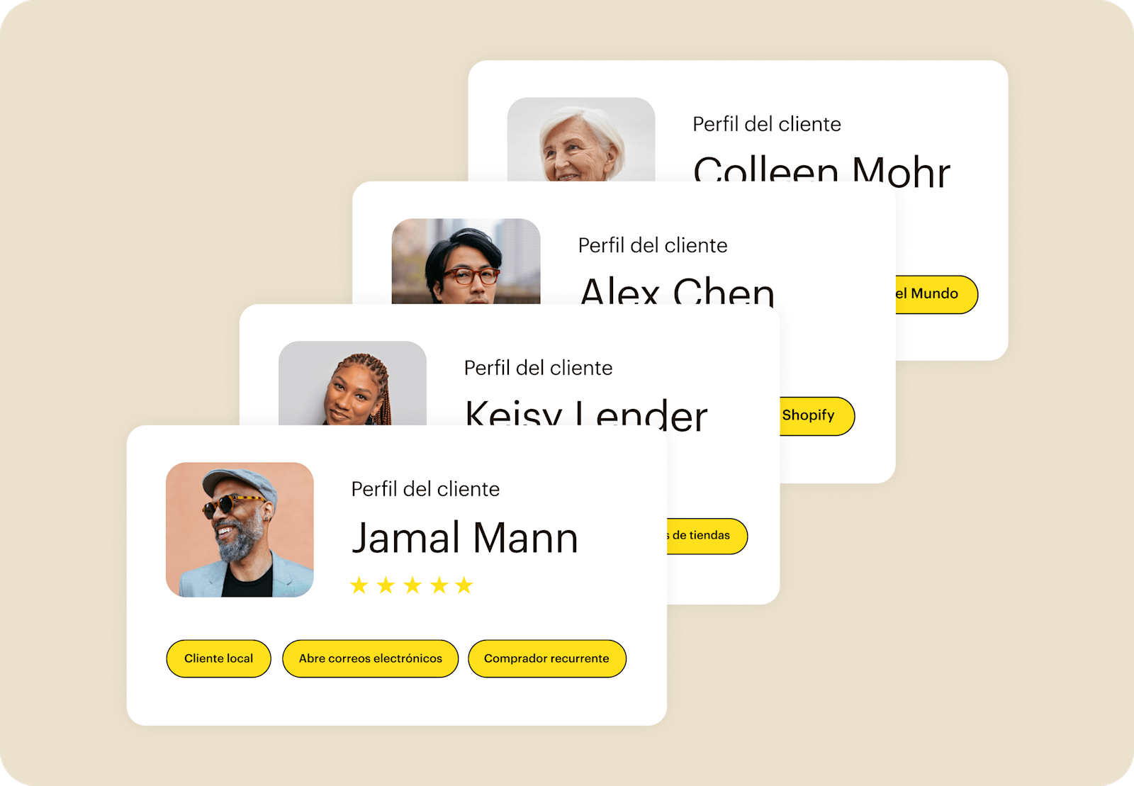 Imagen que muestra una interfaz de usuario abstracta flotante de varios perfiles de clientes, demostrando cómo los usuarios pueden identificar patrones entre contactos valiosos.