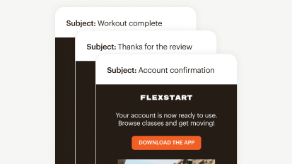 Three mobile email notifications showing workout completion, review thanks, and account confirmation messages from a fitness app