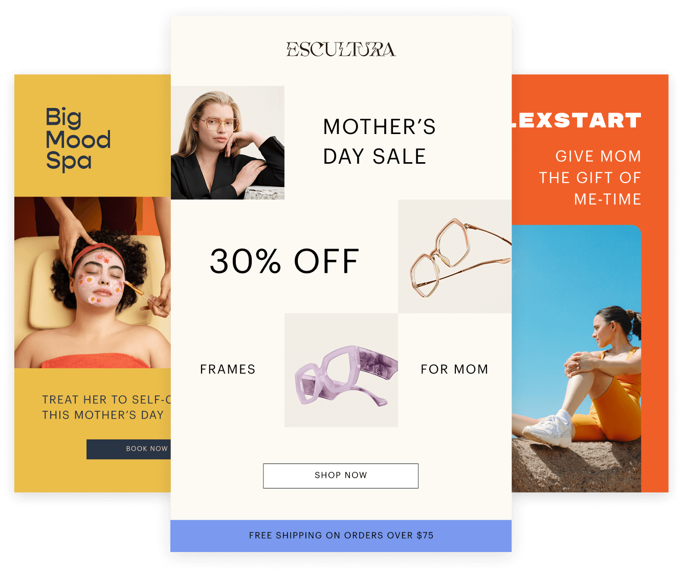 A collage of promotional images showing eyewear, plants, and fitness content with text overlays for SMS signup and deals