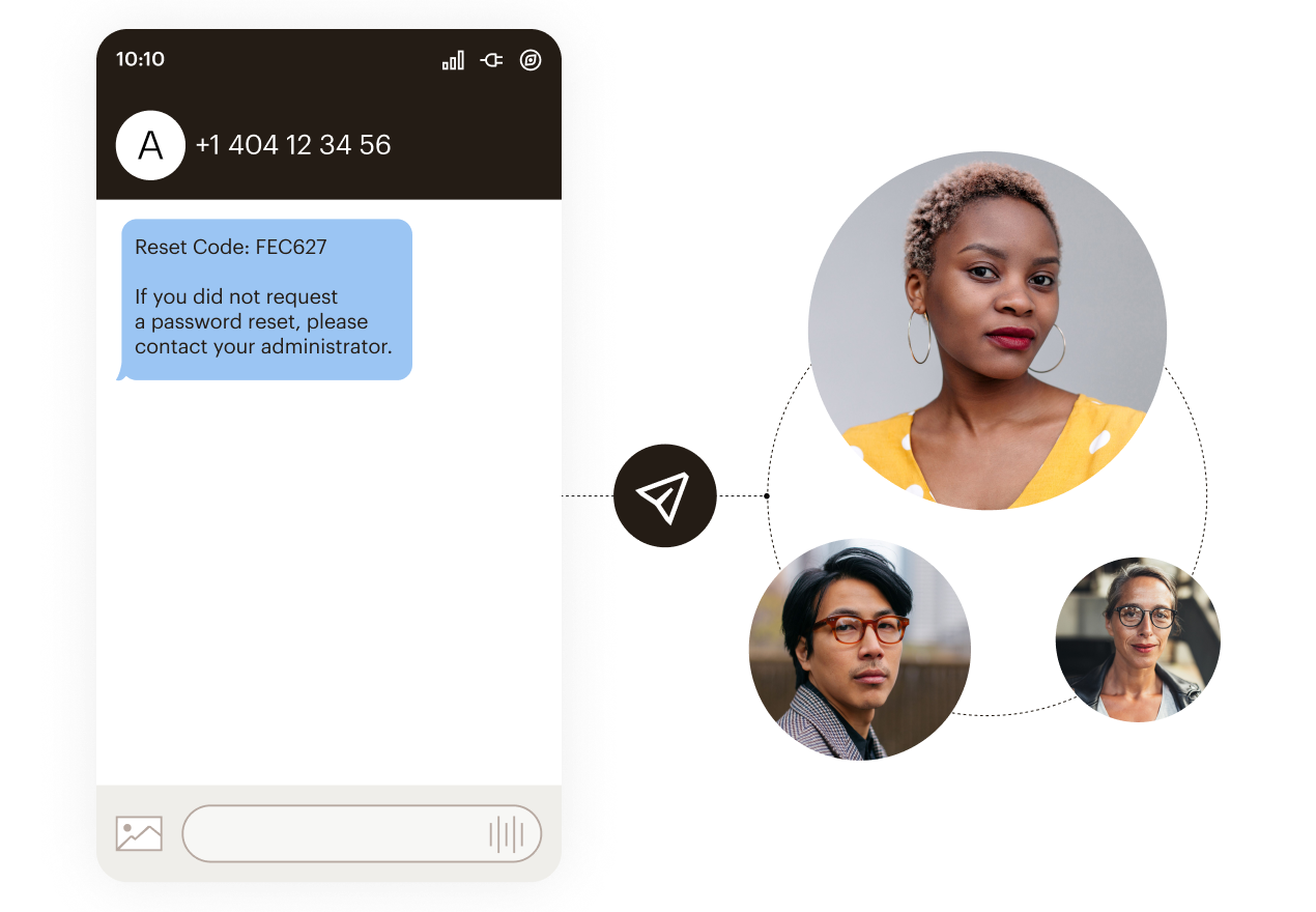 Mobile interface showing password reset code FEC627 with profile photos connected by dotted lines in a circular pattern