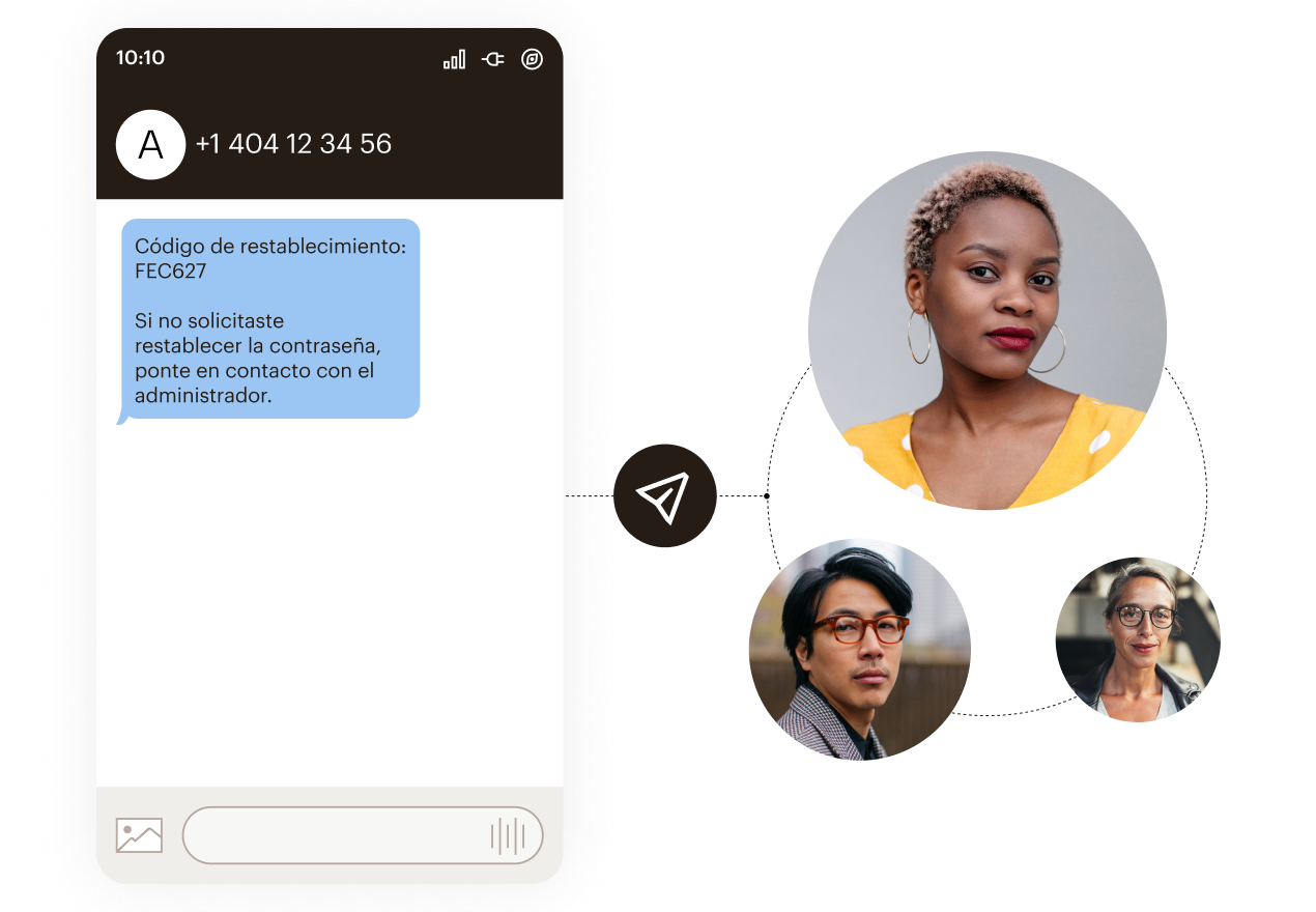 Interfaz móvil que muestra el código de restablecimiento de contraseña FEC627 con fotos de perfil conectadas por líneas de puntos en un patrón circular
