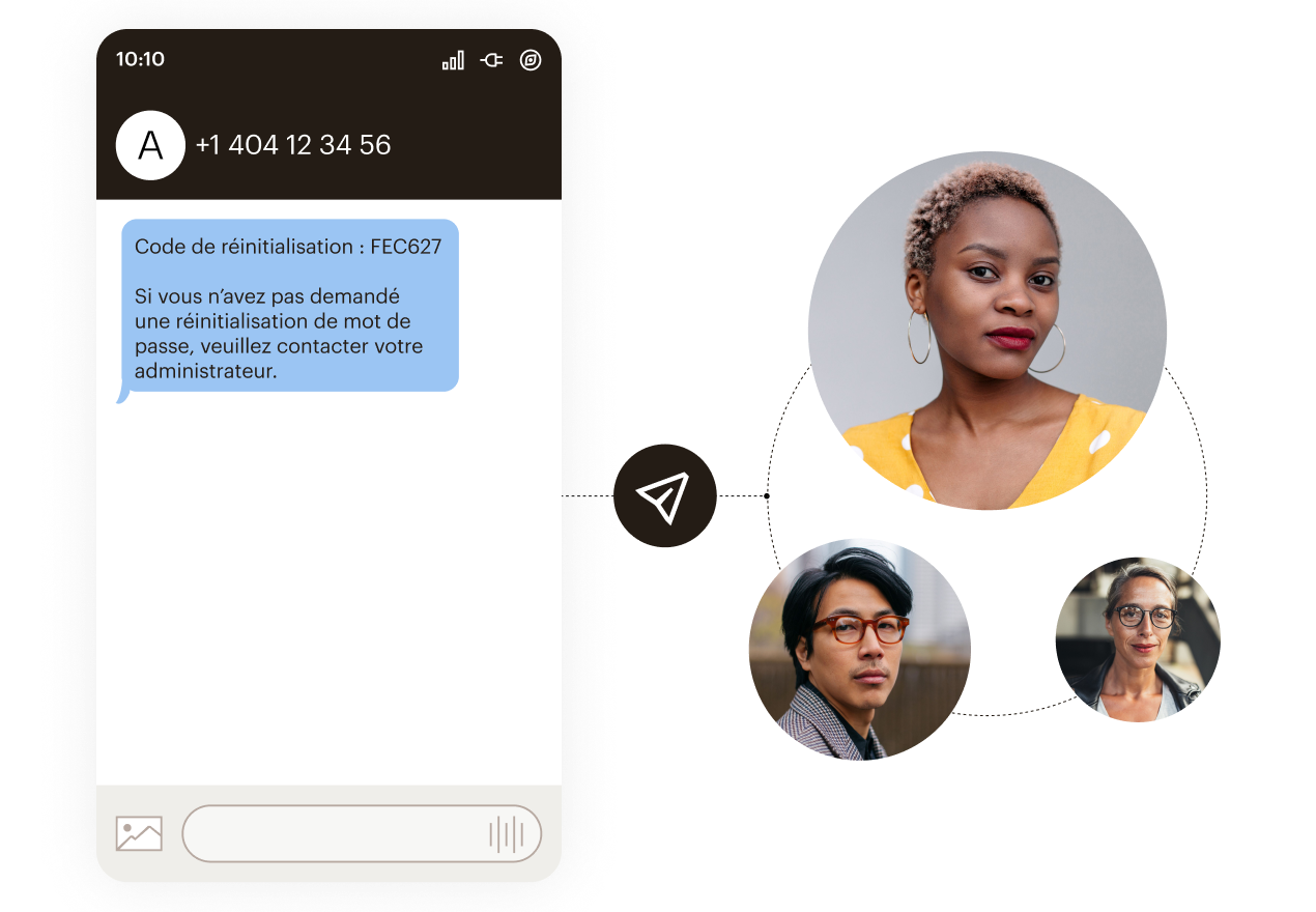 Interface mobile affichant le code de réinitialisation du mot de passe FEC627 avec des photos de profil reliées par des lignes pointillées formant un motif circulaire.