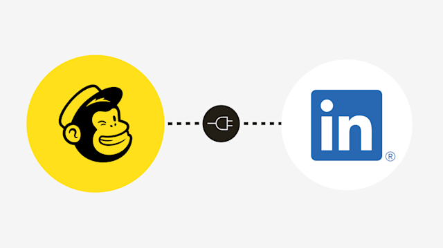 Mailchimp and LinkedIn logos connected by a plug icon showing the LinkedIn Lead Ads and Mailchimp integration.